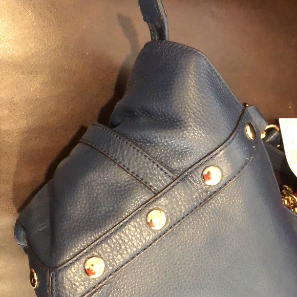 MICHAEL KORS Gold Studded Navy Blue Tumbled Leather Side Pocket Shoulder Bag NWT - Picture 14 of 16